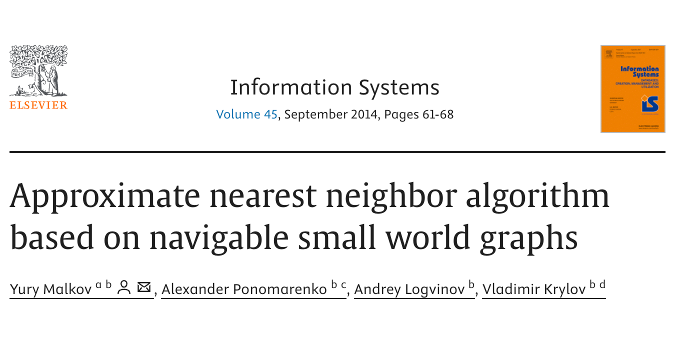 Approximate nearest neighbor algorithm based on navigable small world graphs 커버 이미지